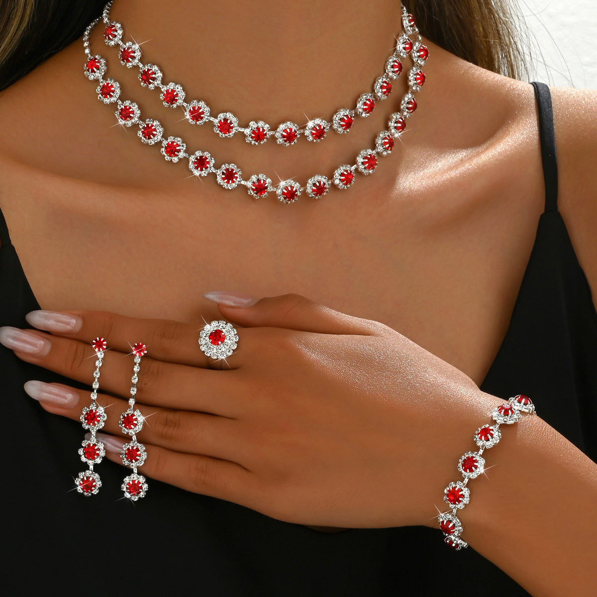 2026 Hot Cross-border Wedding Accessories Double-layer Sunflower Diamond Necklace Earrings Bracelet Ring Four-piece Set