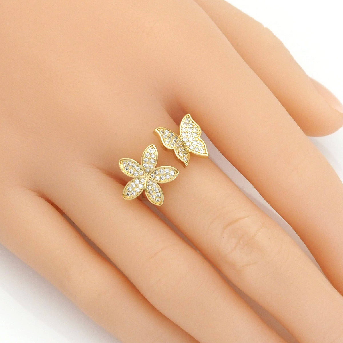 Gold CZ Flower Butterfly Adjustable Ring, Sku#LD428