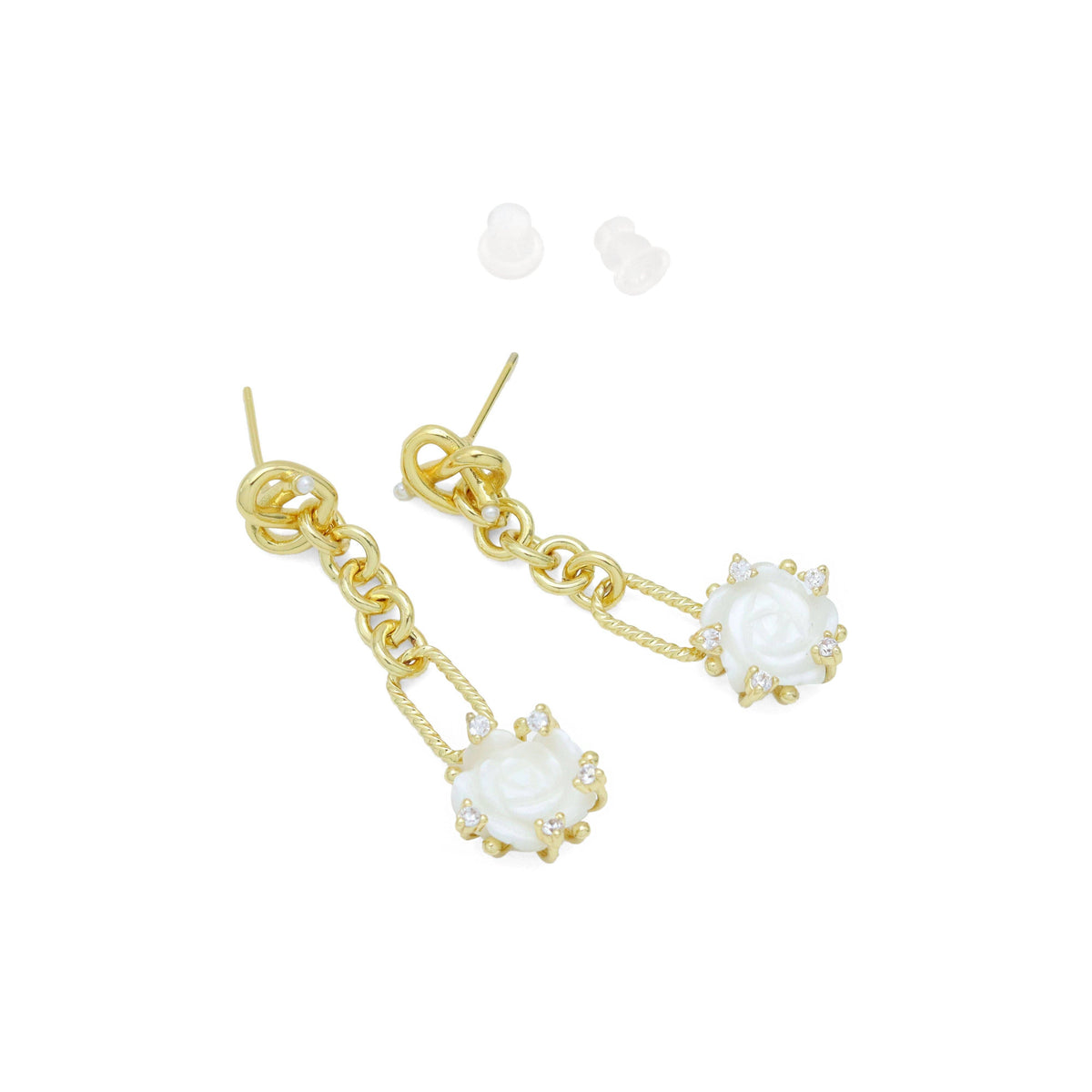 White Mother of Pearl Rose Flower Heart Gold Stud Earring, SKU#Y992