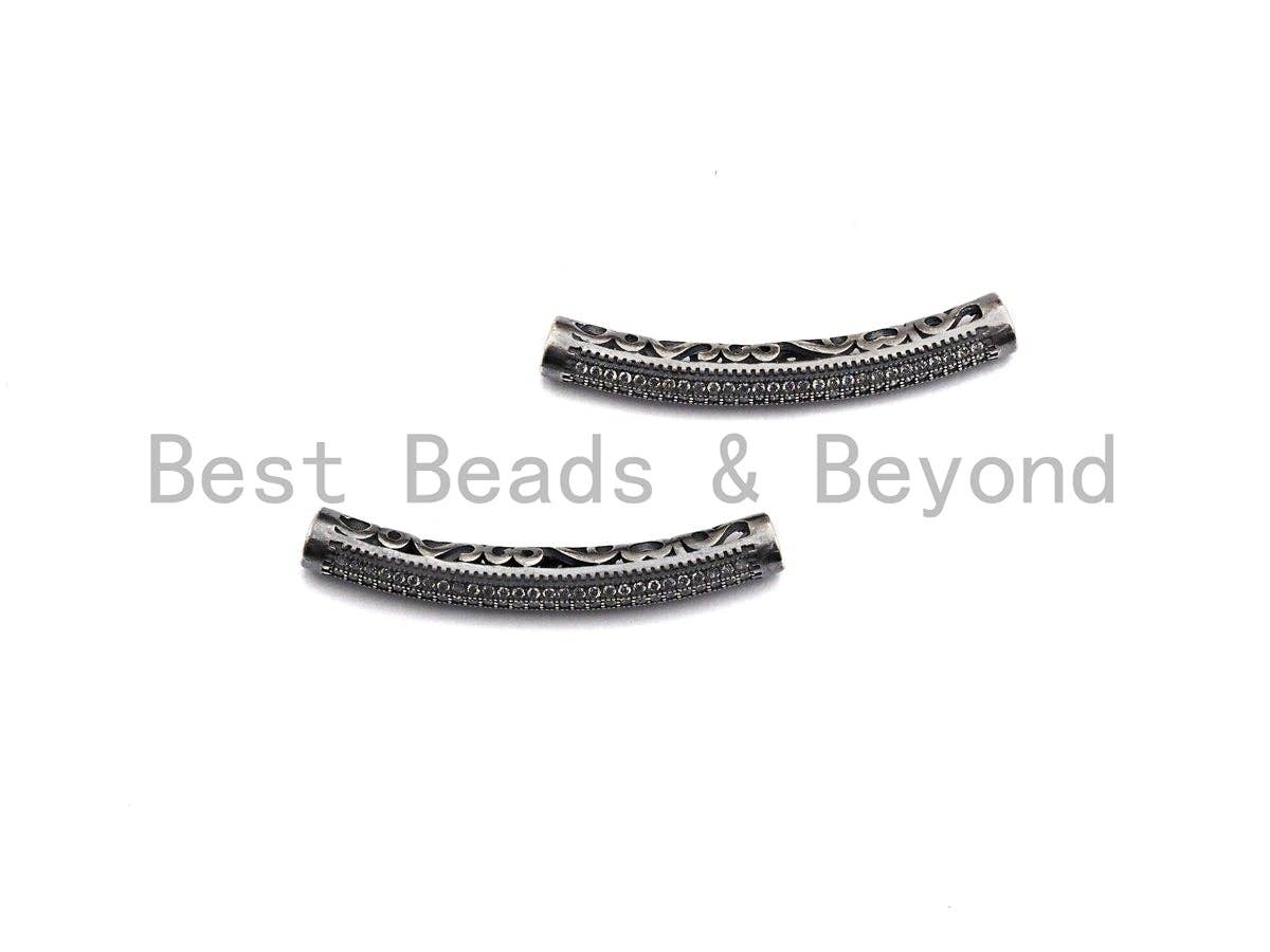 Antique Silver Color CZ Micro Pave Tube for Bracelet/Necklace, Cubic Zirconia Separator Tube in Oxidized Silver, 5x40mm, sku#X123