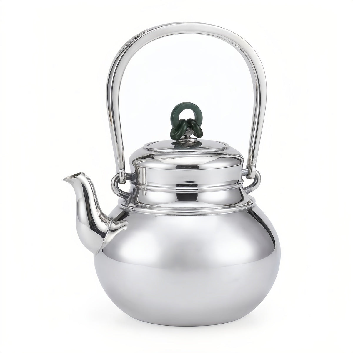 925 Sterling Silver Elegant Polished Silver Tea Kettle with Green Jade Knot Finial and Arch Handle - Handicraft