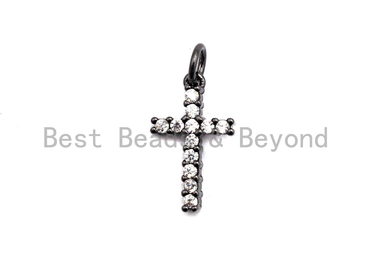 CZ Clear/Black Micro Pave Cross Pendant, CZ Pave Cross Charm, Gold/Rose Gold/Silver/Gunmetal plated, 9x16mm, Sku#F795