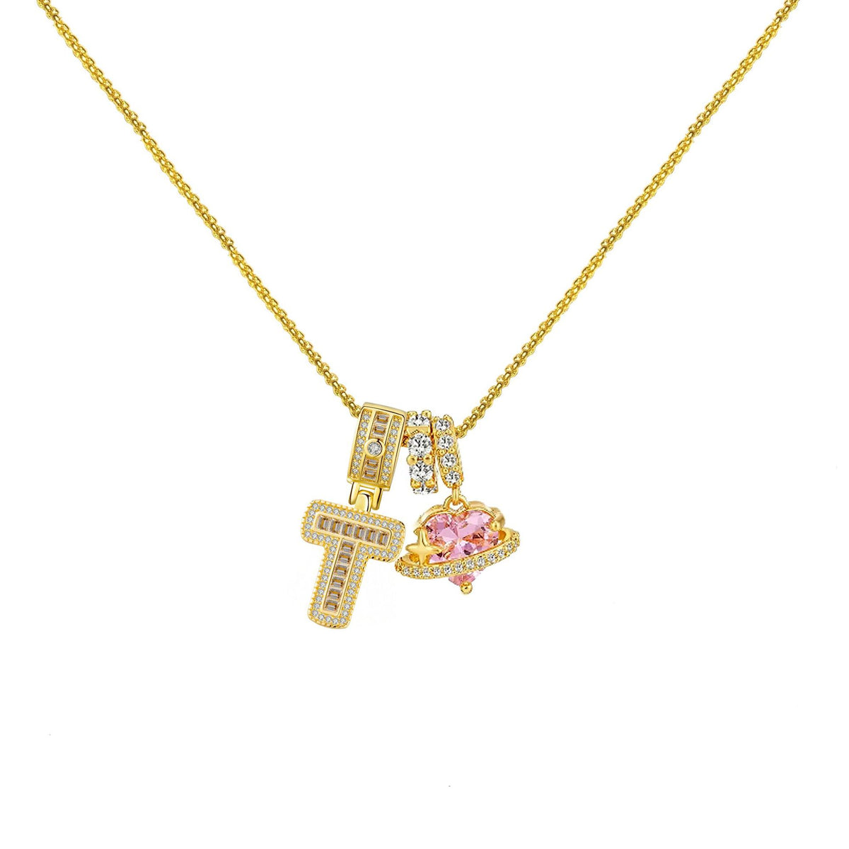 Gold-Plated Copper Planet Heart Pendant Necklace With Diamonds