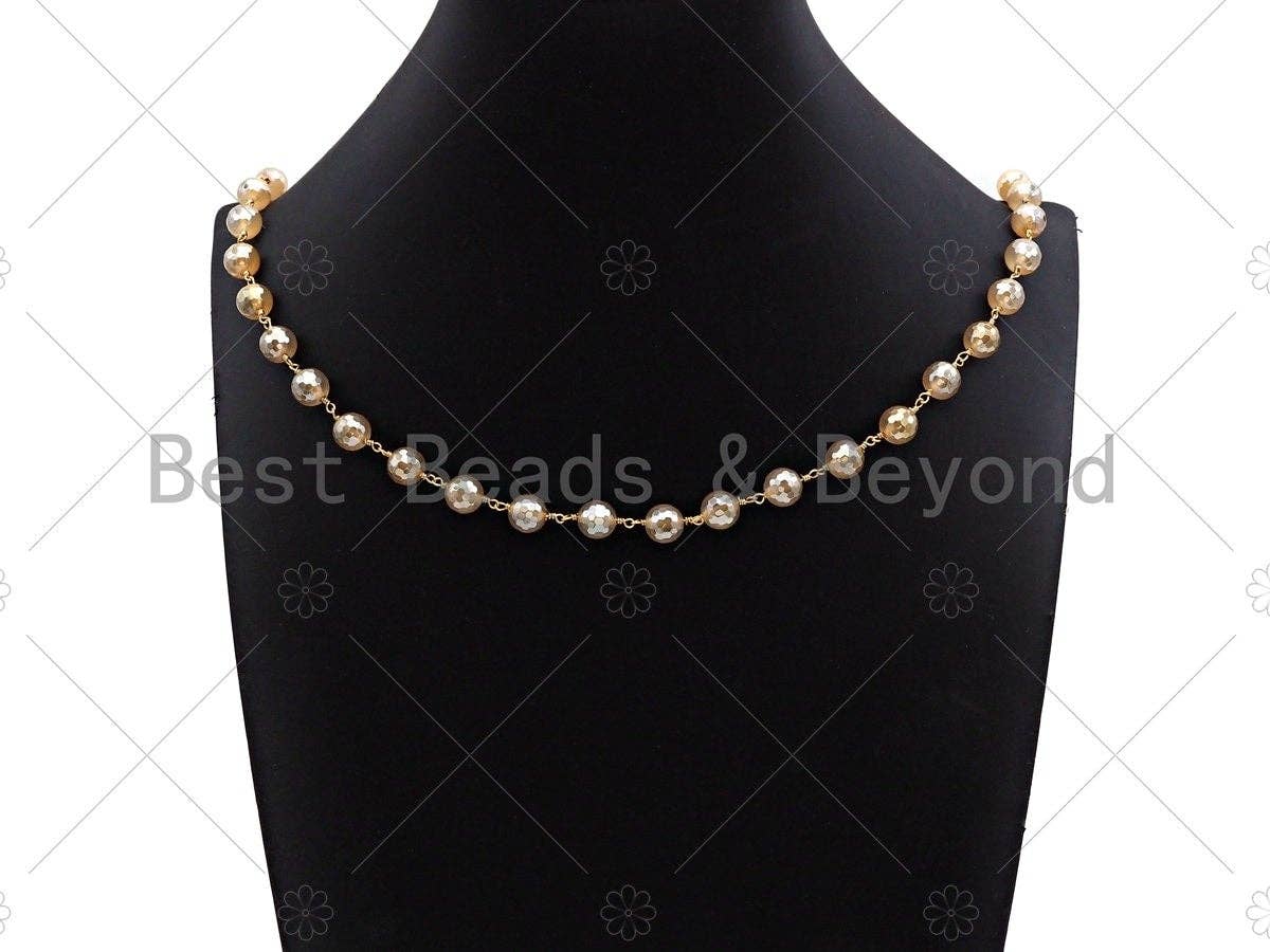 Mystic Agate Brown/Champaign/Grey Rosary Chain, 8mm Agate Beaded Chain, Wire Wrapped Gold Chain,Sku#V84
