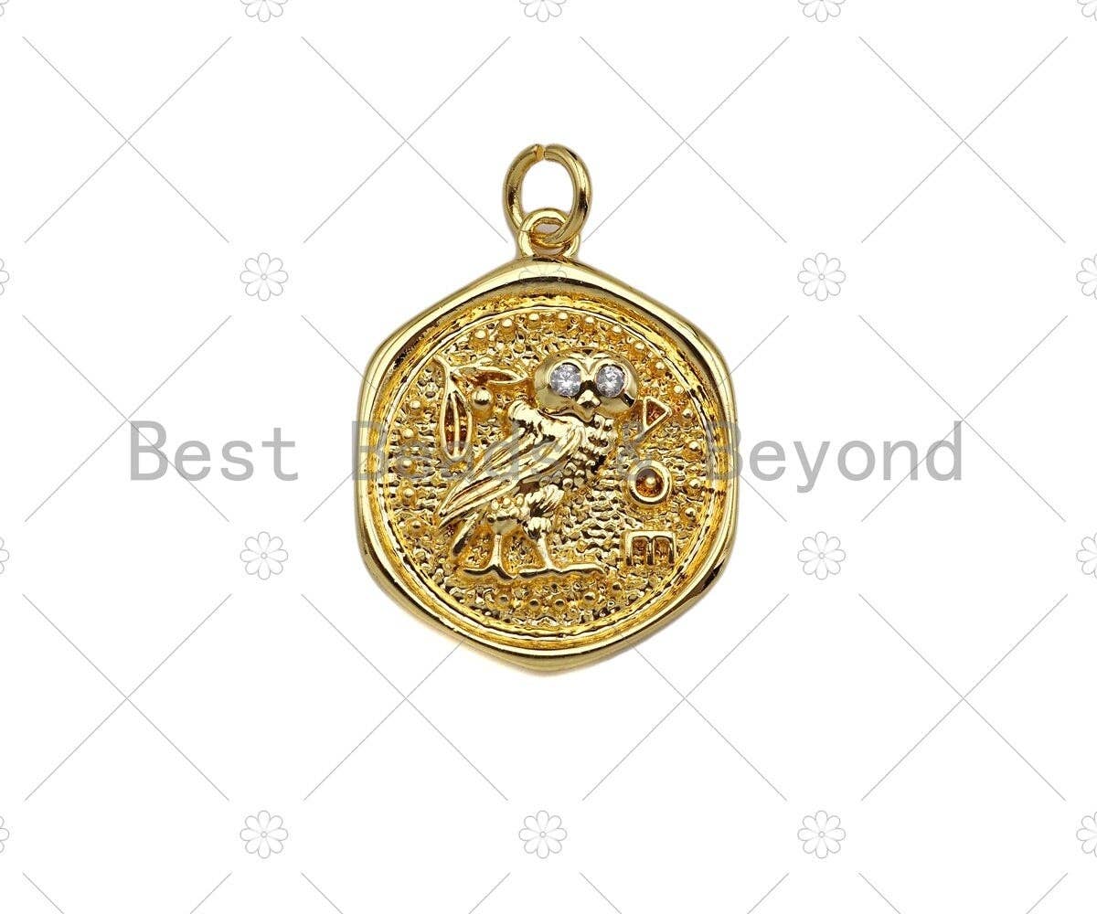 18k Dainty Gold Cute Bird On Round Coin Shape Charms,  Sku#F1317C