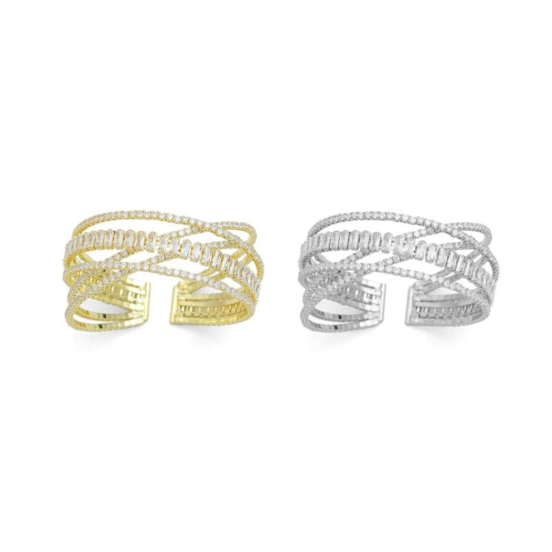 Clear CZ Crossover Baguette CZ Adjustable Bracelet, Sku#A271