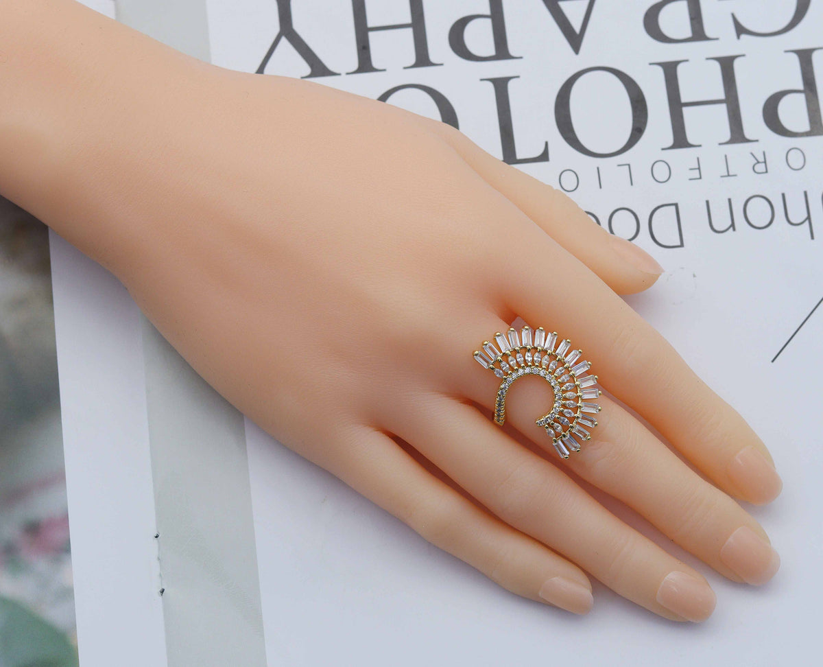 Large CZ Half Circle Shape Adjustable Ring, Sku#LD272