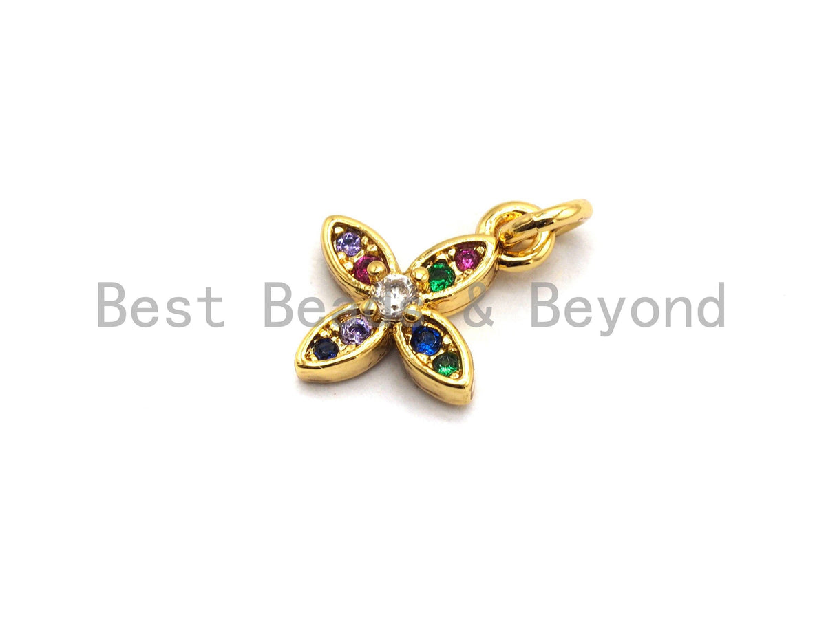 CZ Colorful Micro Pave Gold Flower Charm/Pendant, Flower Shaped Pave Pendant, Gold plated, 10x12mm, Sku#F732