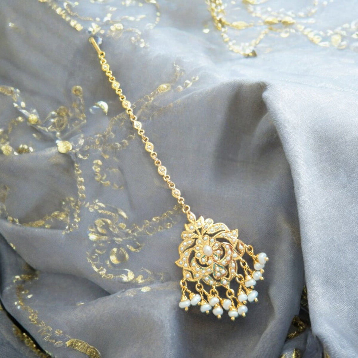 Gold plated silver tikka in fresh water pearls ( SHIPS IN 5 WEEKS )