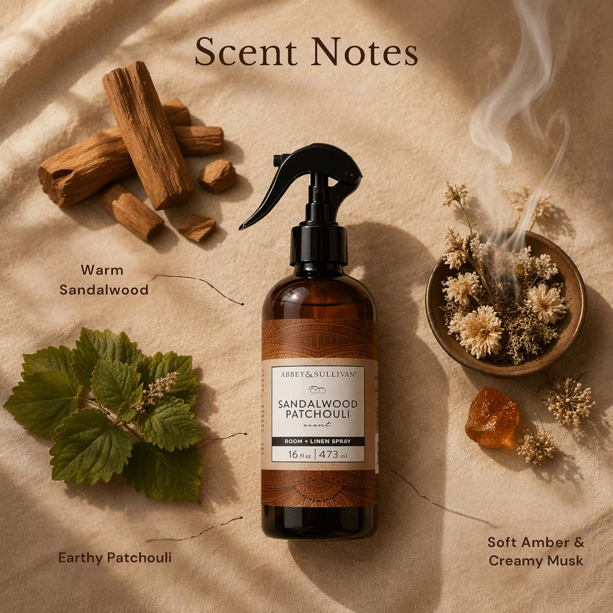 Abbey & Sullivan Odor Eliminating and Refreshing Linen and Room Spray, Sandalwood Patchouli, 16 oz