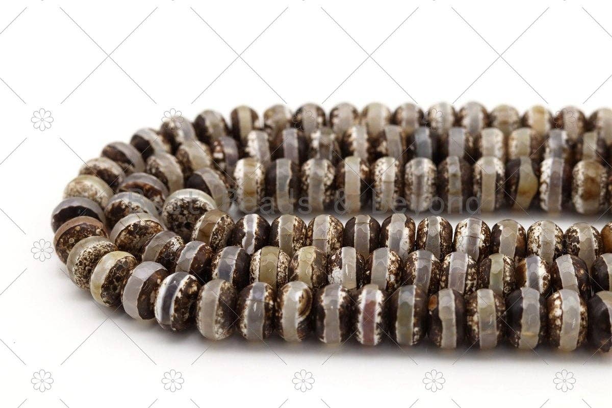 Quality DZI Brown Cream White Agate Beads, Rondelle with One line Tibetan Agate Beads, 8x12mm/12x16mm Agate,15'' Full Strand, SKU#U1181