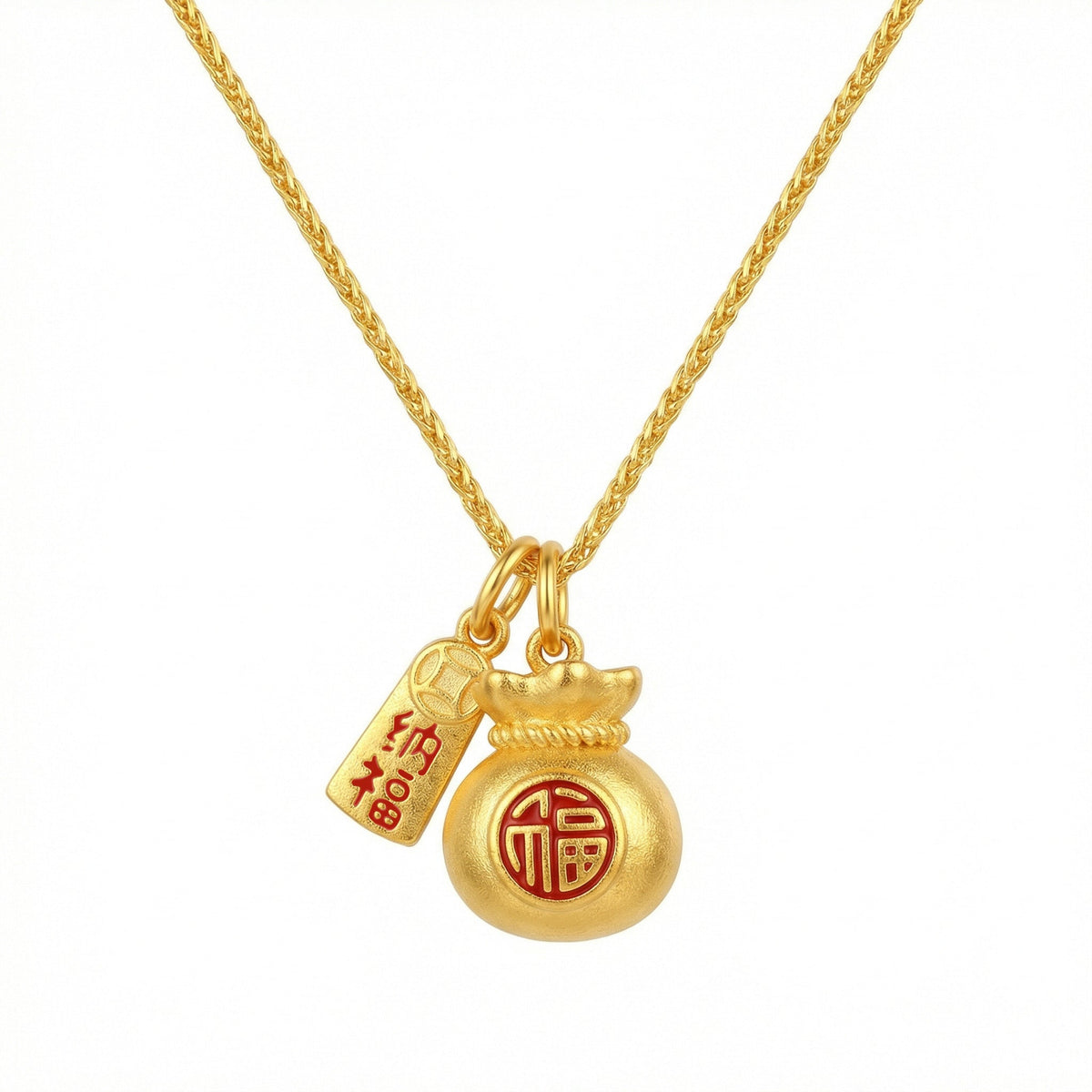 925 Sterling Silver Traditional Fortune Money Bag Necklace with Red Fu Character and Prosperity Tag