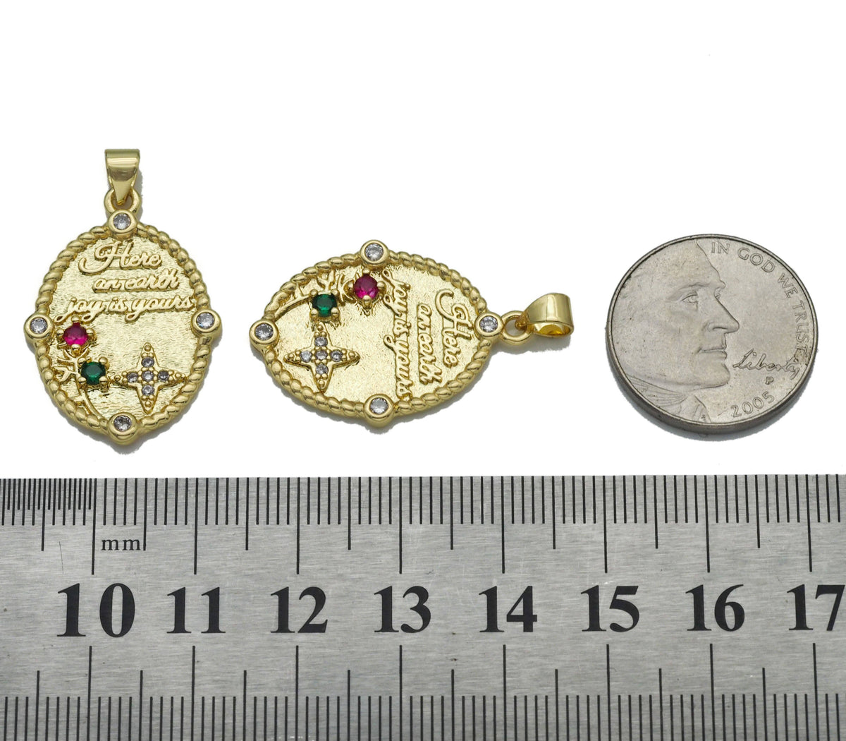 Colorful CZ Gold Joy is yours Oval Medallion Charm, Sku#LK761