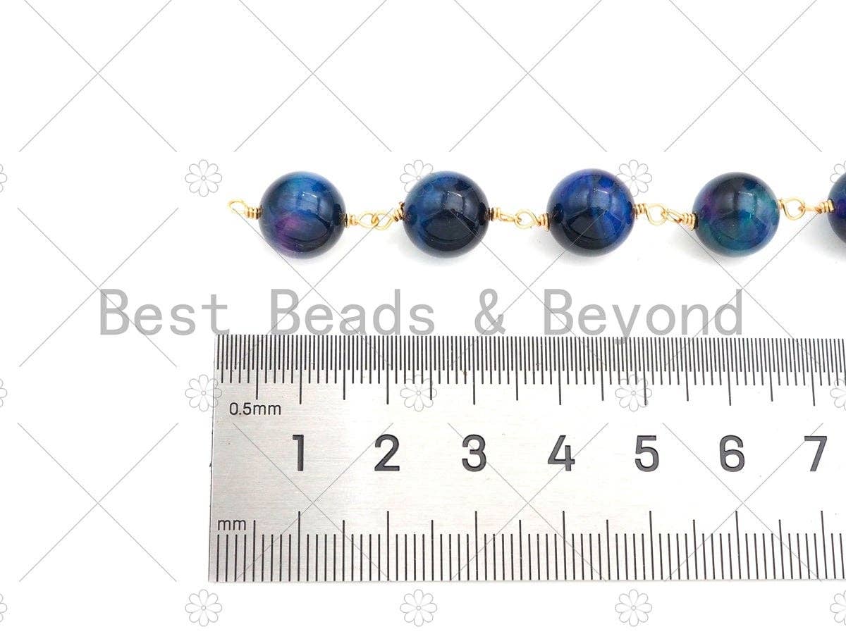 Galaxy/Teal Blue/Pruple High Quality Tiger Eye Rosary Chain, 10mm Beaded Chain, Wire Wrapped Gold Chain,Sku#V85
