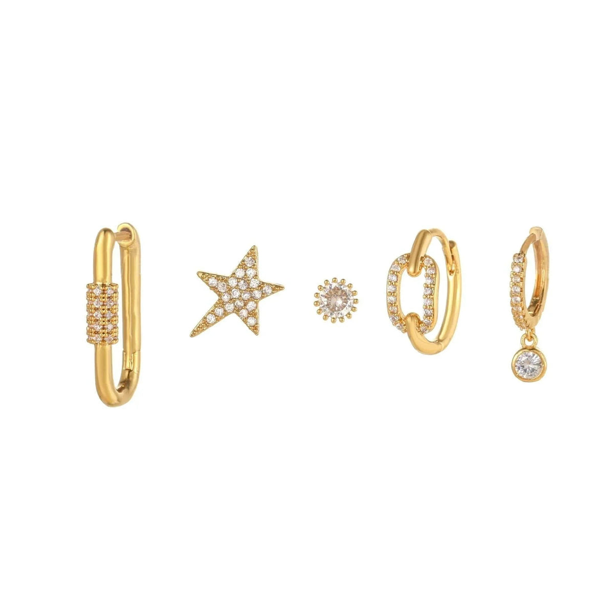 Stacking 5 Pieces Starry Clasp Earring Set, 18k Gold Stud Drop Hoop, S925 Needle, Stacked Lobe Designs with Dazzling Zirconia