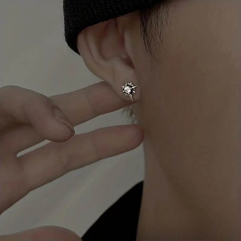 Magnetic 4-Pointed Star CZ Stud Earrings for Men Women, Multicolor Non-Piercing Clip On Stainless Steel