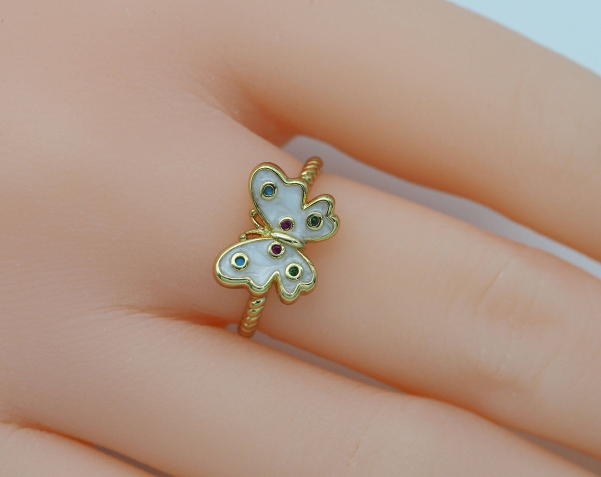 White Enamel Butterfly Adjustable Ring, JD23