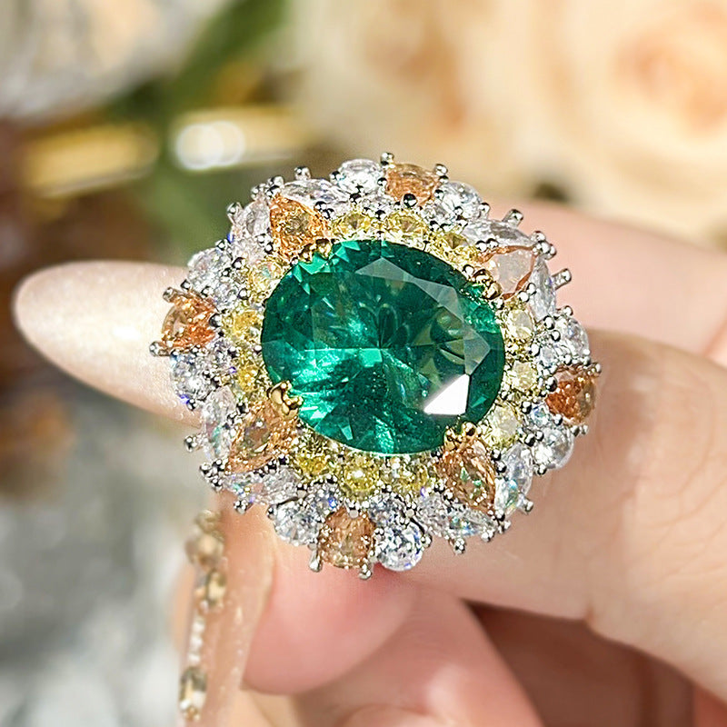 Luxury Oval Cut Simulated Emerald Ring, Multi-Color Gemstone Pave Setting Statement Ring For Women