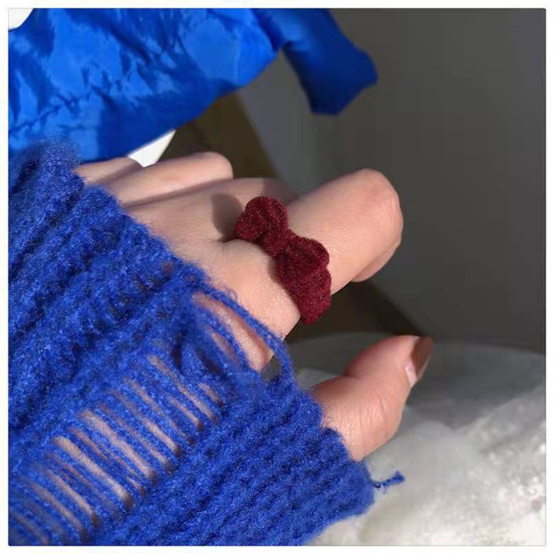 Vintage Burgundy Flocked Bow Open Ring, Sweet Girl Aesthetic Niche Design Adjustable Finger Ring