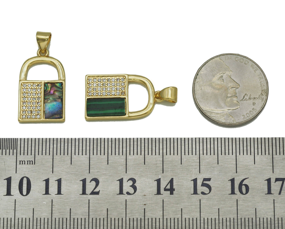 CZ Turquoise Malachite Abalone Lock Charm, Sku#L678