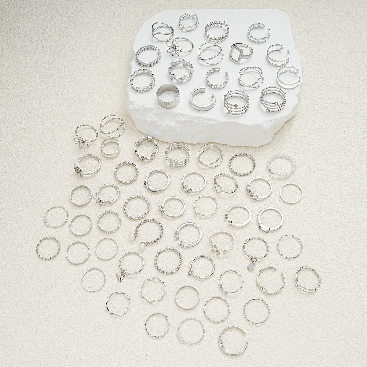 Simple Flower And Butterfly Spiral Ring 66-Piece Set