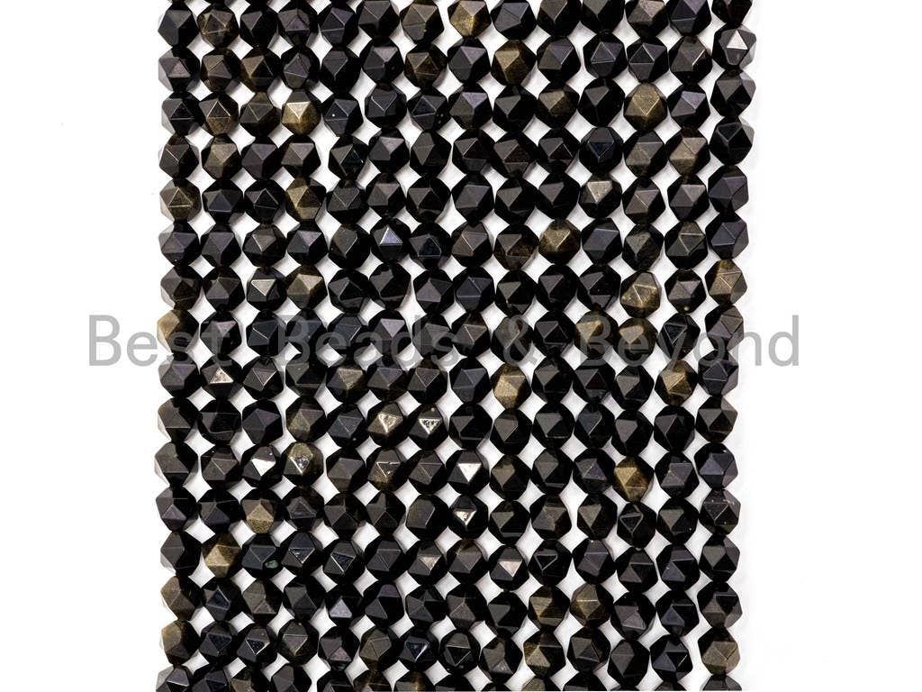 Unique Cut Quality Natural Golden Obsidian beads, 6mm/8mm/10mm/12mm, Diamond Cut Faceted Round Gemstone Beads, 15inch strand, SKU#U40