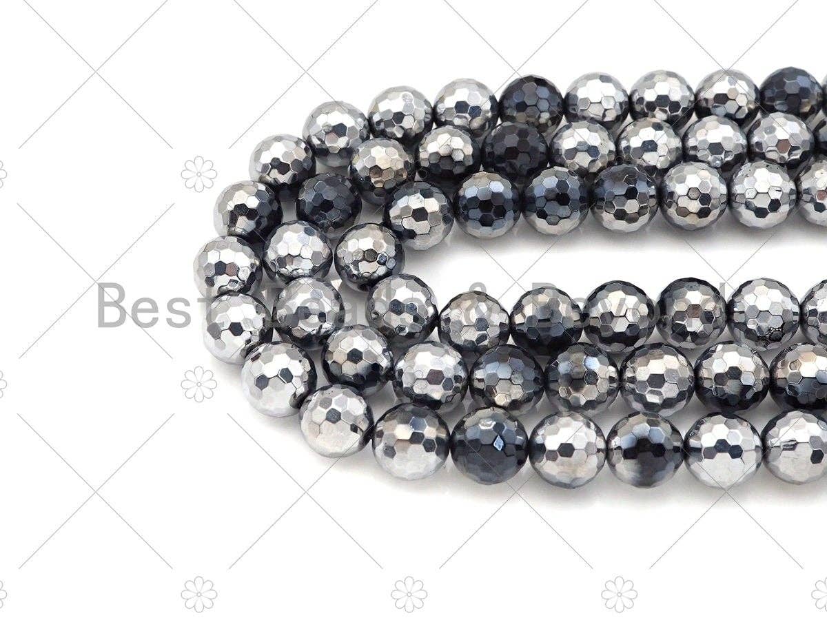 NEW!!! Natural Half Silver Plated Black Onyx Beads, 8mm/10mm/12mm Round Faceted Silver Black Onyx Beads, 15.5" Full Strand, Sku#UA210