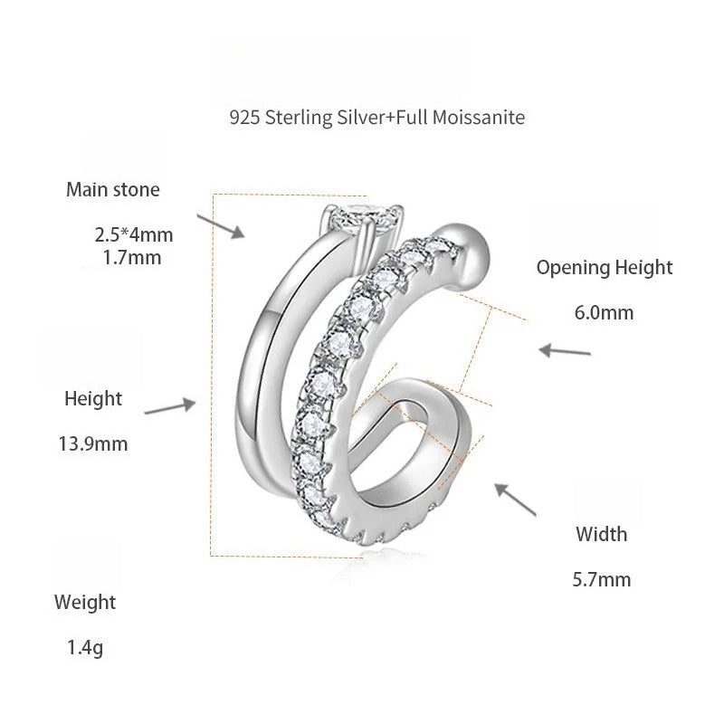 Geometric D-Color VVS1 Moissanite Ear Cuffs – Hypoallergenic Sterling Silver Ear Bone Clips for Non-Pierced Ears