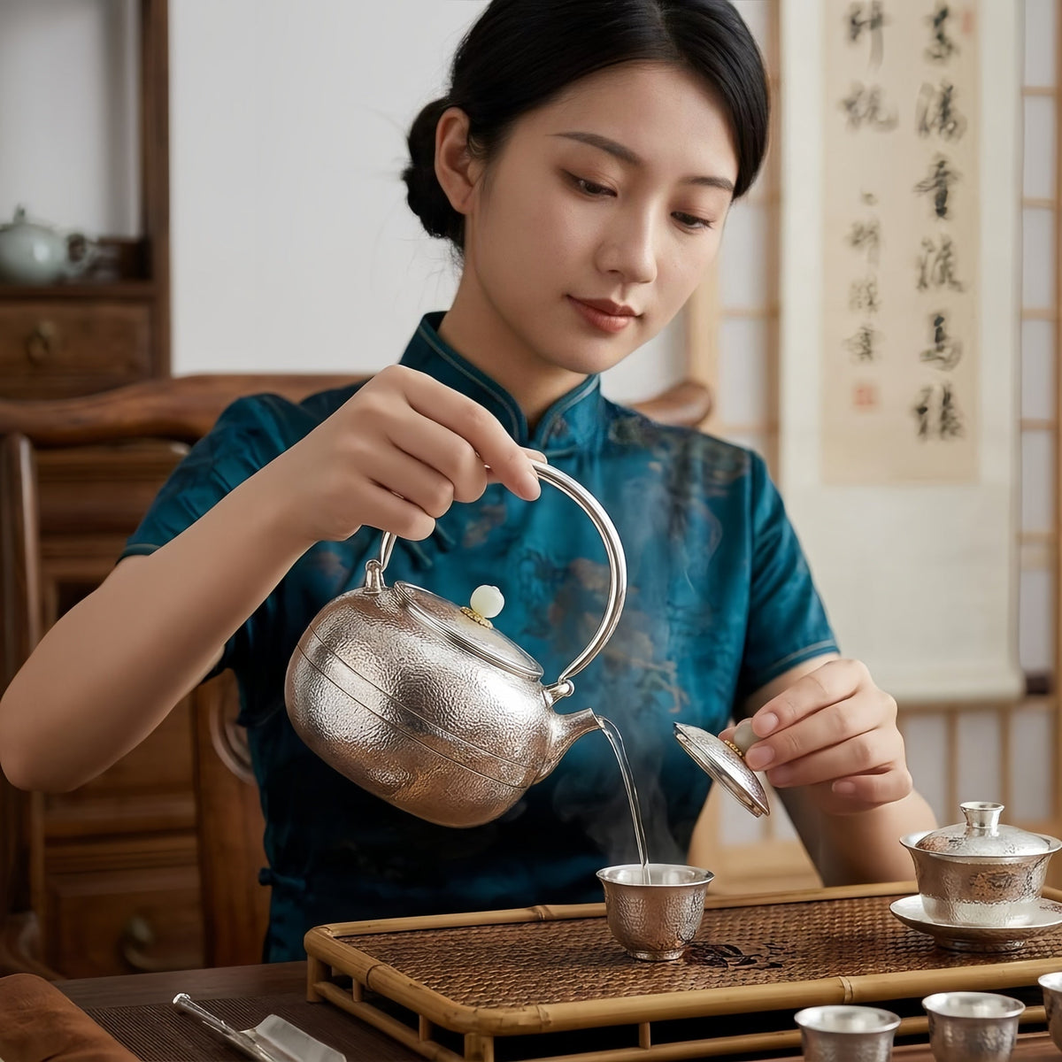 Pure 999 Fine Silver Elegant Handcrafted Hammered Silver Teapot with a Polished White Stone Lid Finial - Handicraft