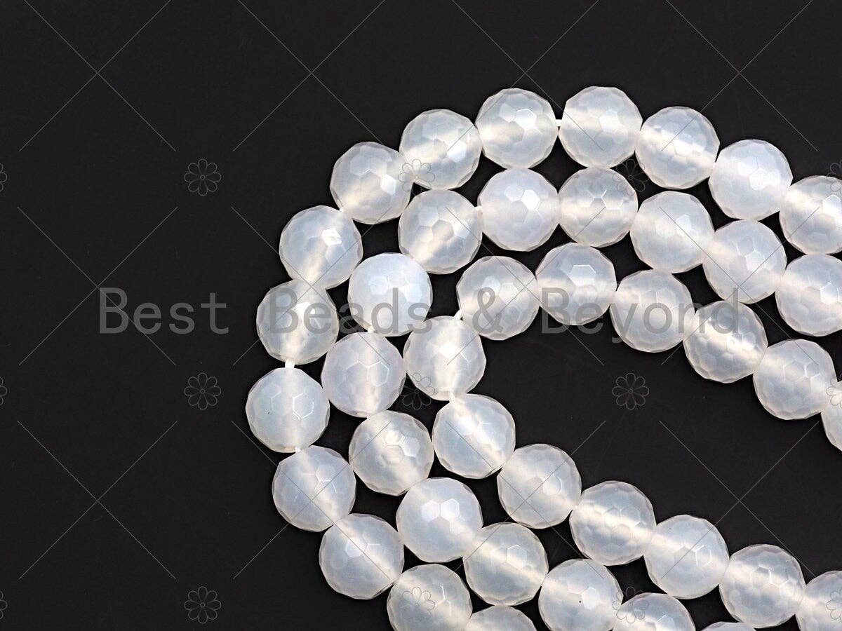 High Quality Natural Milky White Agate Beads, Round Faceted 6mm/8mm/10mm/12mm White Agate Beads, 15.5" Full Strand, Sku#U569