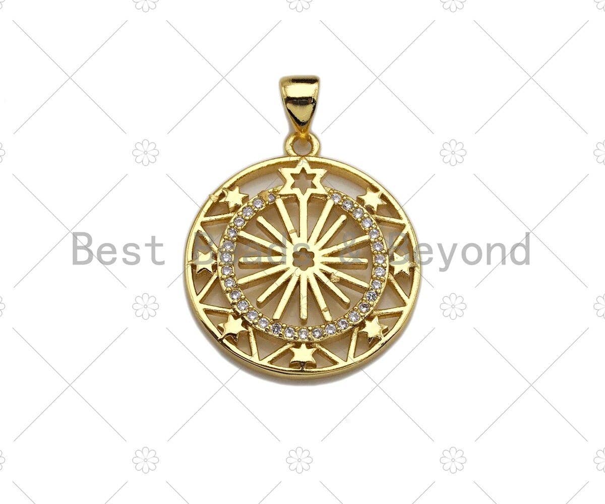 18k Shiny Gold Filigree Star Wheel Coin Charms, Sku#LK144