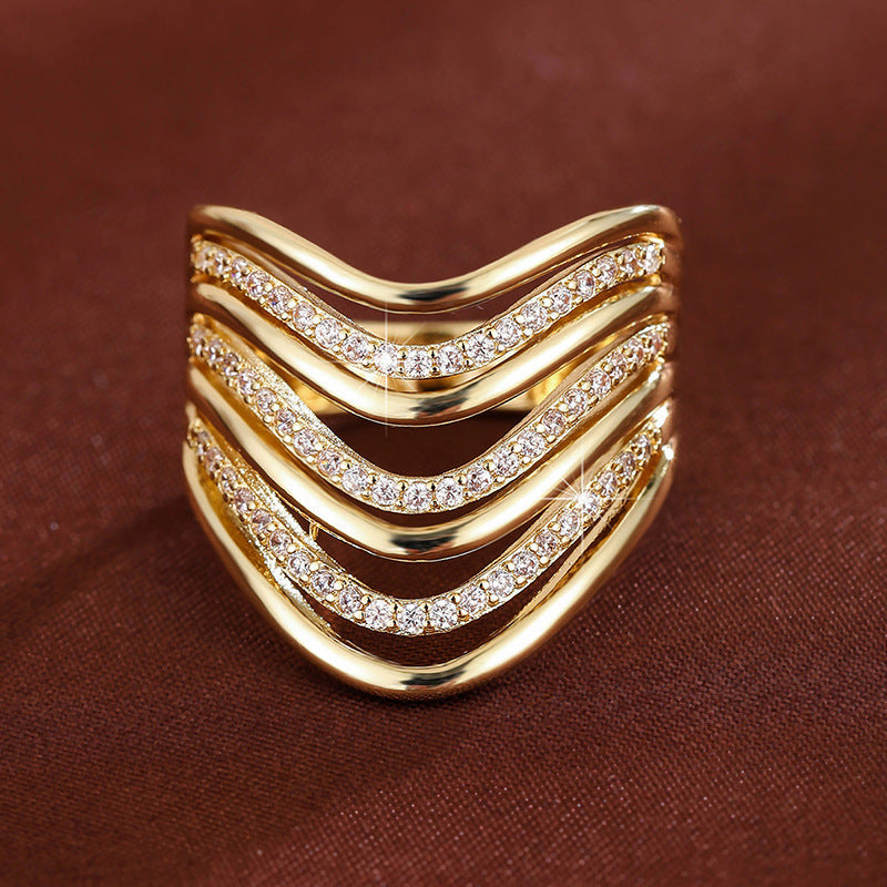Multi-layer Curved Micro-pave Cubic Zirconia Ring Fashionable Andive Design Perfect For Stacking