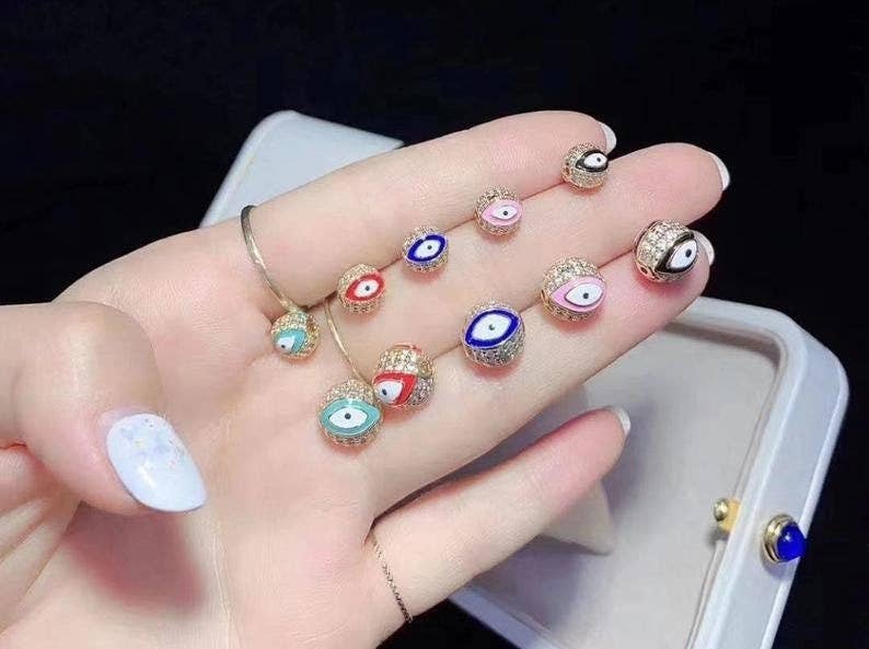 CZ Micro Pave Evil Eye Beads, 8mm/10mm Black/pink/Royal Blue/Tear Green/Red/Turquoise Blue Eye Spacer Beads, Sku#G425