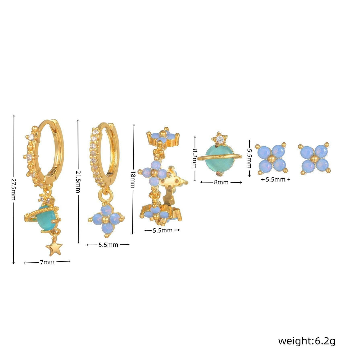 Multi Sets of Blue Flower Pierced Earrings, 4-6pcs, 18k Gold Plated Stud Drop Hoop Huggie Cuff Chain, S925 Needle