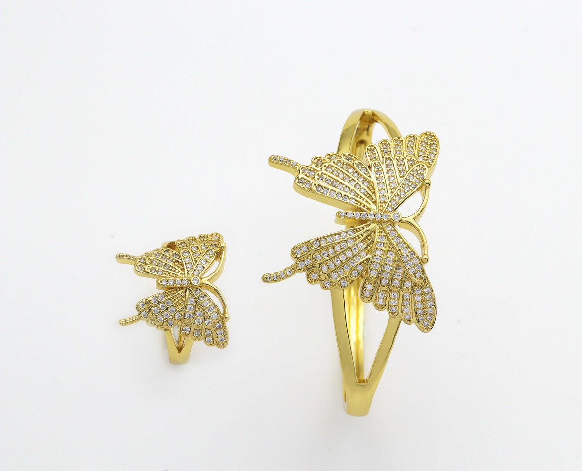 CZ Butterfly Adjustable Bracelet and Rings, Sku#X320C