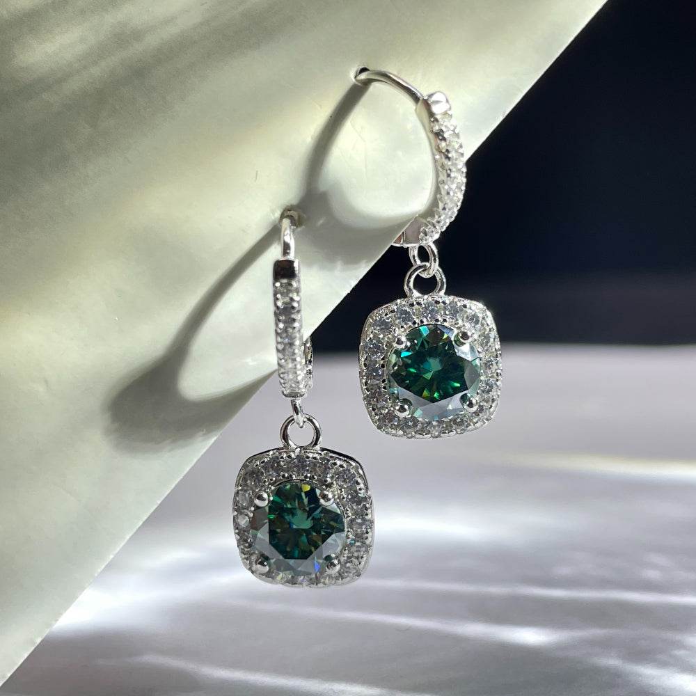 S925 Emerald Green Moissanite  or CZ Square Halo Earrings with Pavé-Set Halo & Hoop, 1ct D-Grade VVS1 Round Moissanite with GAR certification