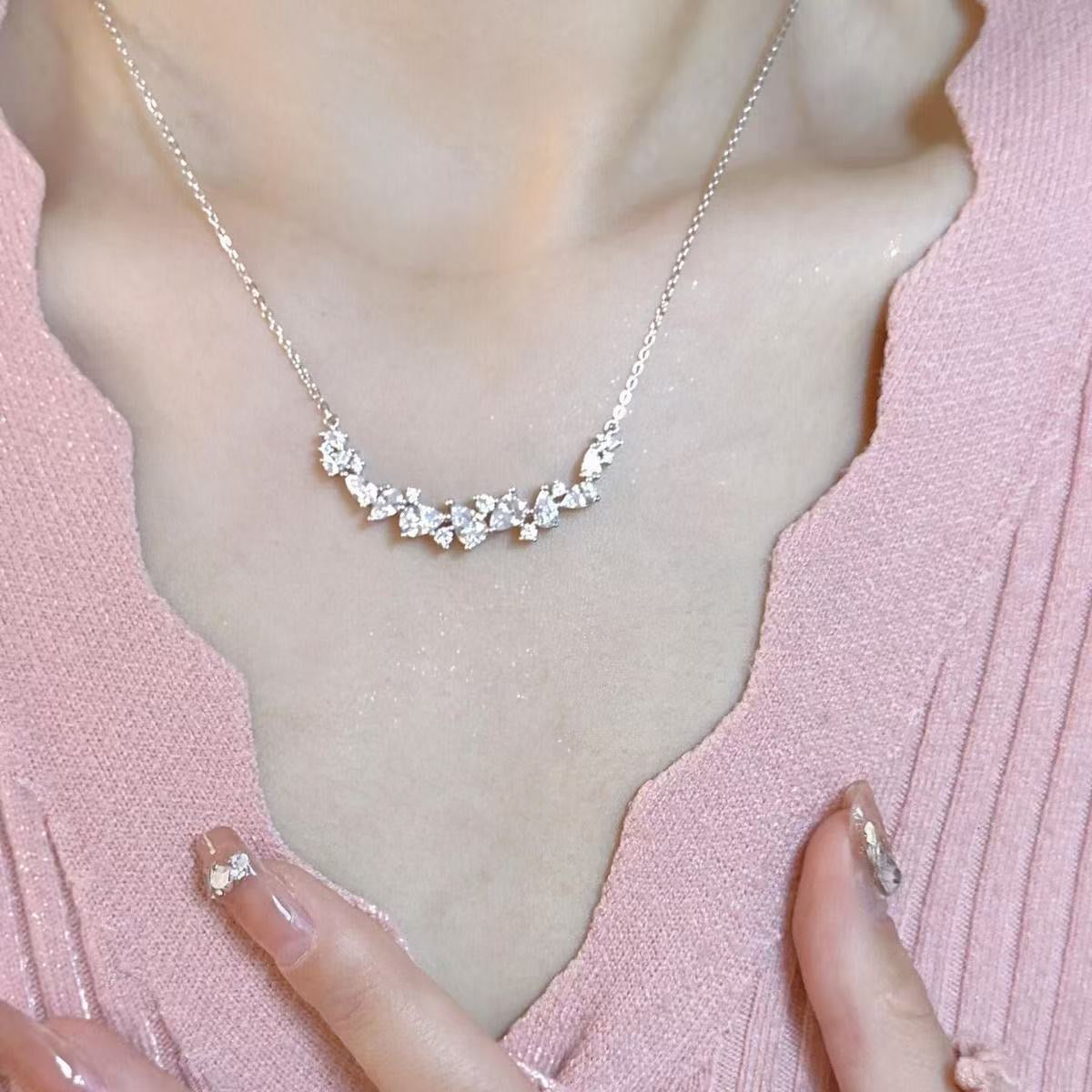 1pcs 999 Sterling Silver Cluster CZ Smile Bar Necklace, Luxury Delicate Style, Ideal For Birthday Gifts