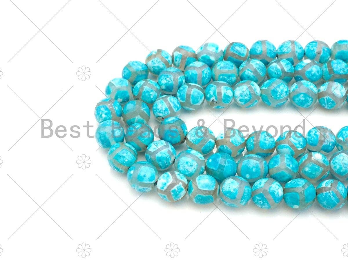 Natural Tibetan Blue Football Agate Beads, Dzi Football Agate Beads, 8mm/10mm/12mm Tibetan Round Faceted Agate,15.5" Full Strand, Sku#U1115