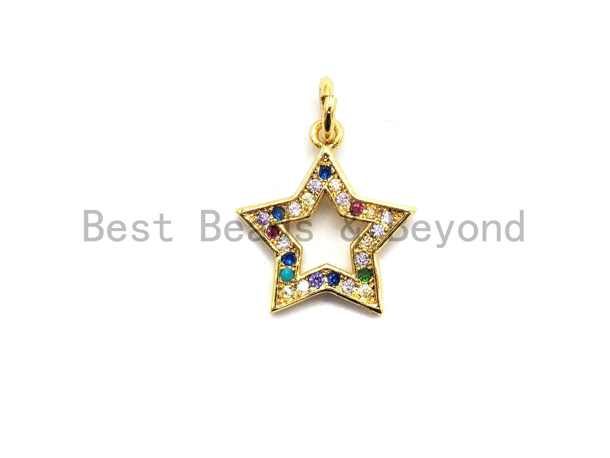 CZ Colorful Micro Pave Five Point Star Shape Pendant, Five Star Shaped Pave Pendant, Gold plated,14x15mm, Sku#F719