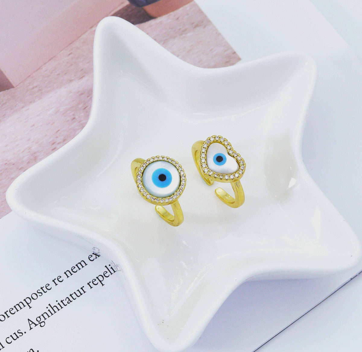 Gold MOP Round/Heart Evil Eye Adjustable Ring, Sku#LD274