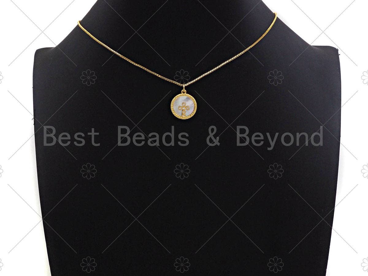 18K Gold CZ Micro Pave Cross on Mother-of-pearl Pendant ,SKU#Z1119