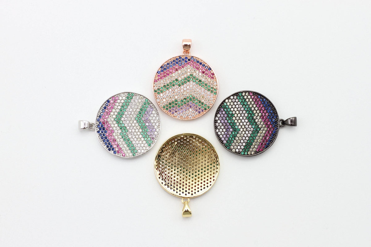 CZ Micro Pave Mixed Color Zigzag Round Disc Pendant, Cubic Zirconia Necklace Pendant, 25x31mm, sku#F3