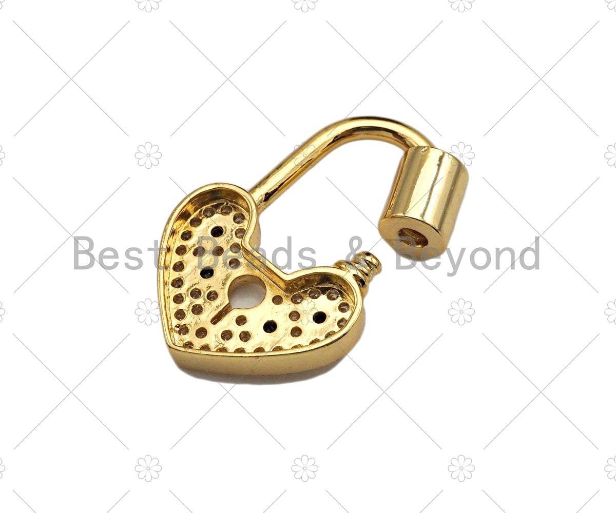 18K Gold Black Clear CZ Micro Pave Key Heart Lock Clasp, Gold Heart Padlock Charm, Heart Shape Clasp,Pave Lock,17x28mm,sku#K144