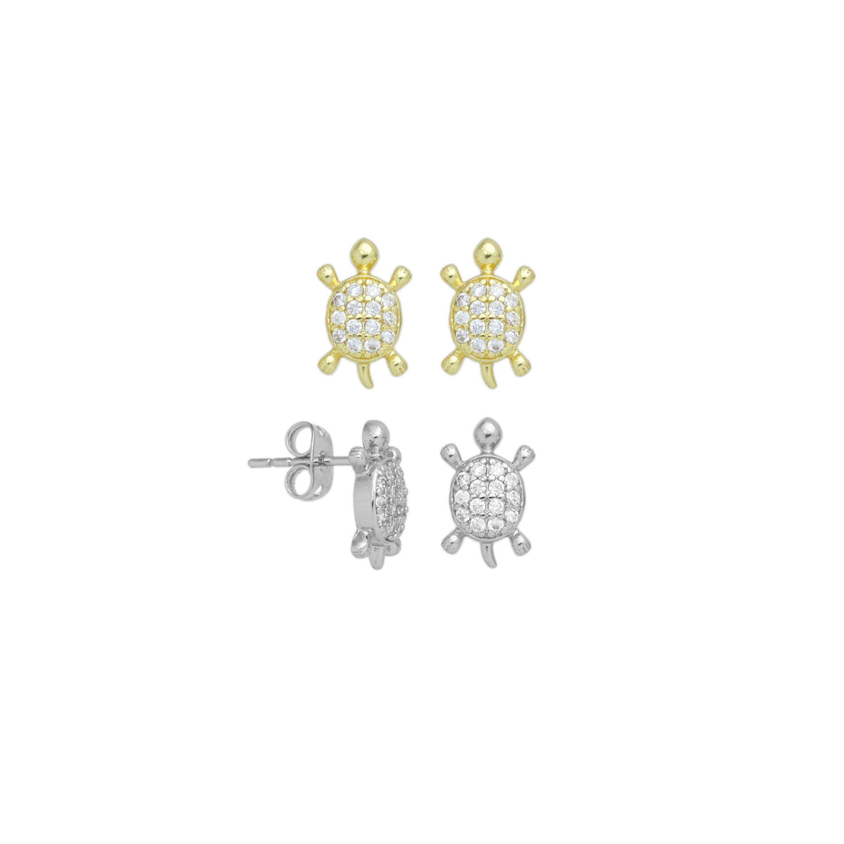 Gold Silver CZ Cute Turtle Stud Earrings, Sku#A296