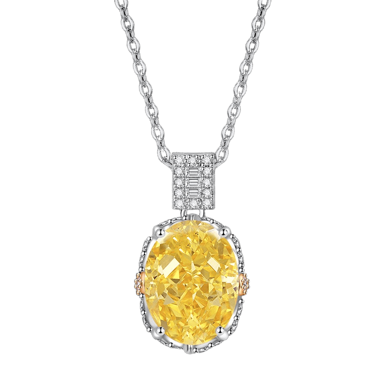 Multicolor Ice Flower Cut Oval CZ Pendant Necklace, 10*14mm 8A Cubic Zirconia, Two-Tone Pave CZ Halo with Pavé Top Frame, Adjustable Chain
