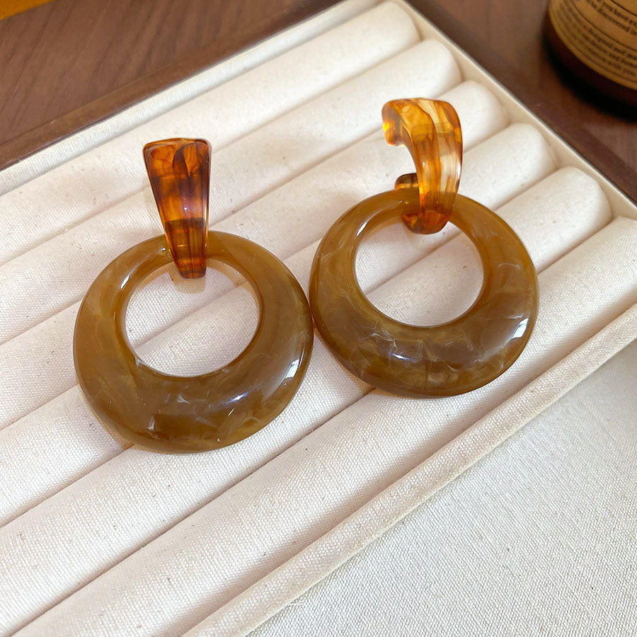 Handmade Maillard Aesthetic Earrings, Amber Resin Irregular Square Studs With Gold Tone Border, Retro Unique Button Jewelry, Gift For Her