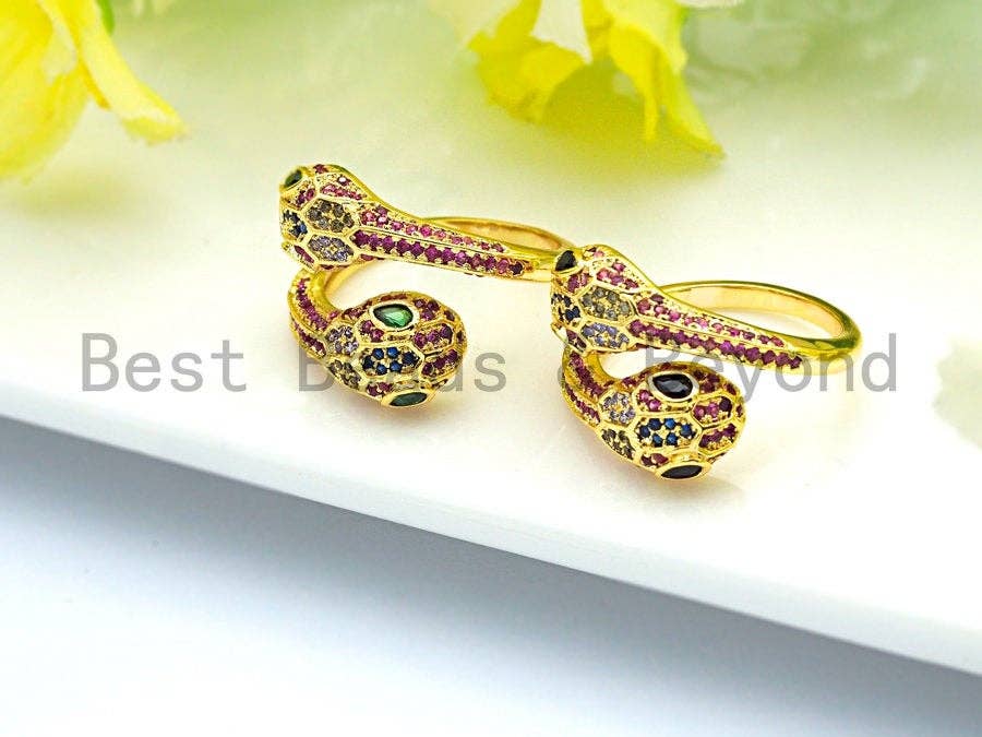 Colorful CZ Micro Pave Two Heads Snake Wrap Spiral Ring, Cubic Zirconia Gold Ring, Adjustable Ring, Open Ring 15x23x17mm,sku#X67