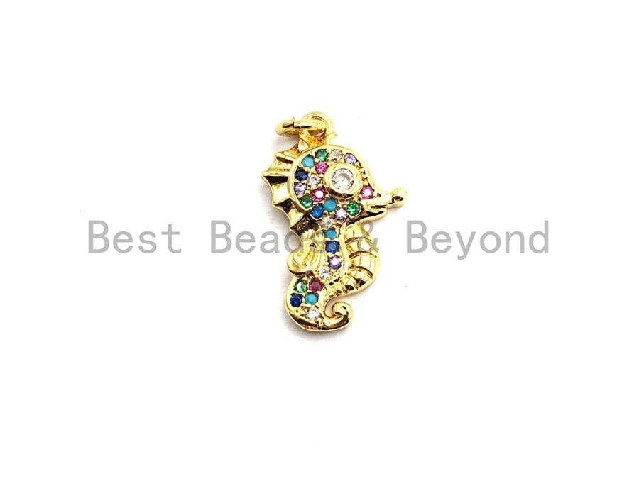 CZ Colorful Micro Pave  Sea Horse Pendant, Sea Horse Shaped Pave Pendant, Seahorse Gold plated, 12x19mm, Sku#F749