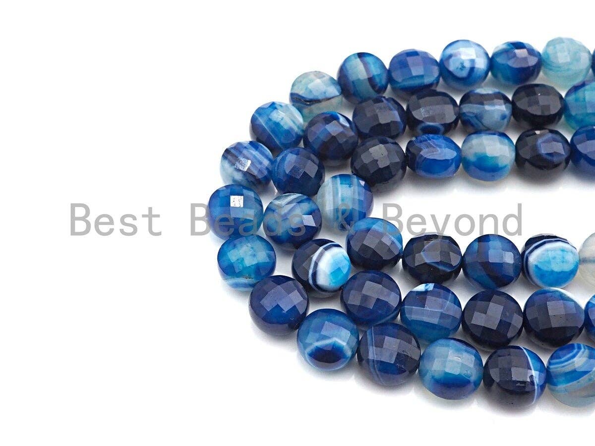 SPECIAL Double Sided Turtle Shell Cut Natural Blue Agate Coin Shape beads, 8mm/10mm Checkerboard Cut Agate Beads, 16" Full strand, Sku#U749
