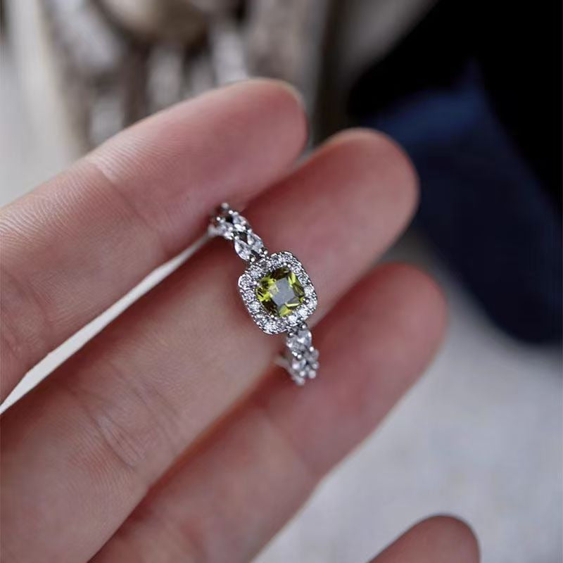 Minimalist Olive Green Gemstone Open Ring, Dainty Silver Jewelry For Women